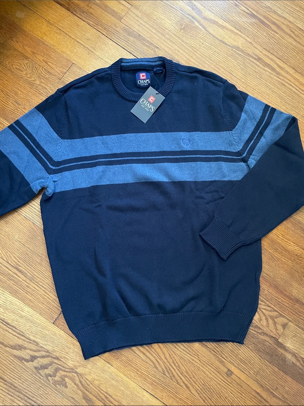 Chaps Men’s Blue Crewneck Sweater with Stripes